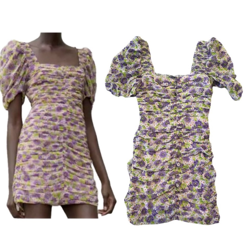 Zara NWT Floral Print Draped Mini Dress Women's Sz S Purple Puff Sleeve Bodycon